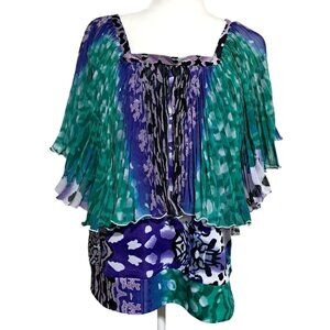 Madison Paige Blouse Womens XL Pleated Teal Purple Watercolor Print Top